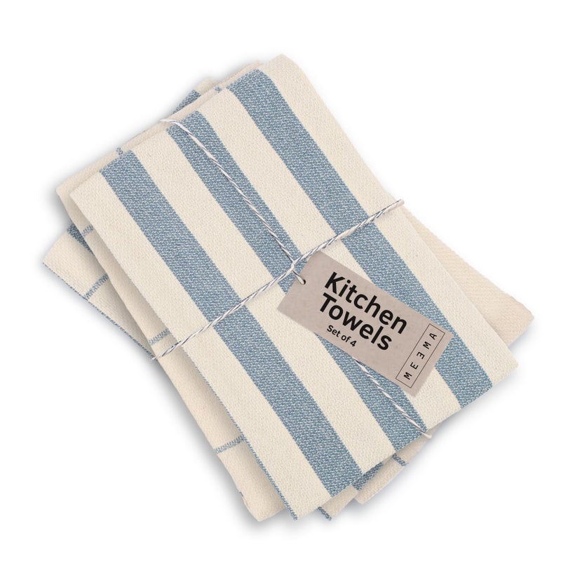 MEEMA Kitchen Towels and Dishcloths Sets of 4 | Large 18 x 28 Inch | Upcycled Cotton Tea Towel | Super Absorbent Cotton Dish Towels for Kitchen | Blue Stripes | Hand Towels - Image 1
